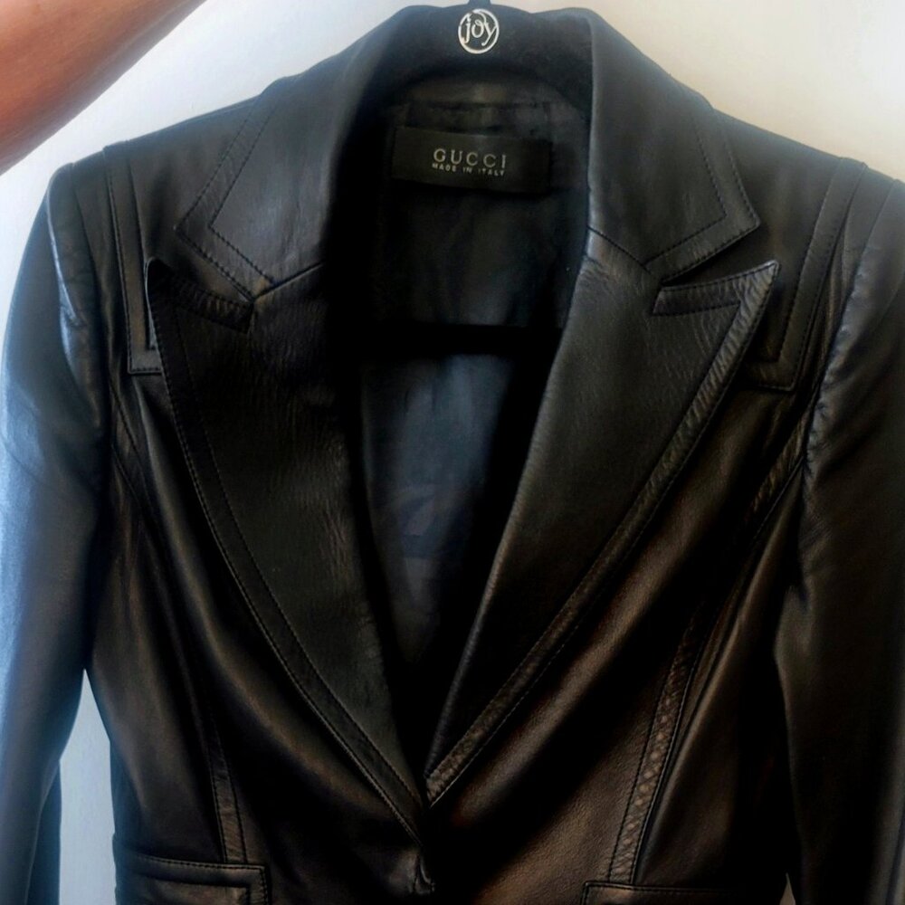 Gucci Black Horsebit Lambskin Fitted Jacket Italy 42 Silk Lined Blazer US M